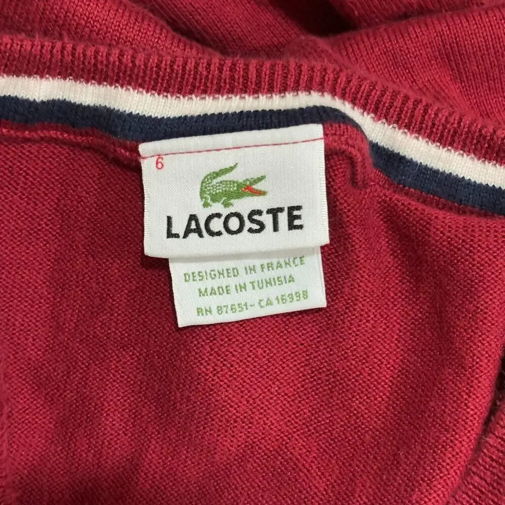 Lacoste Men's Size L (6) Red V-Neck Pullover Sweater 100% Cotton France